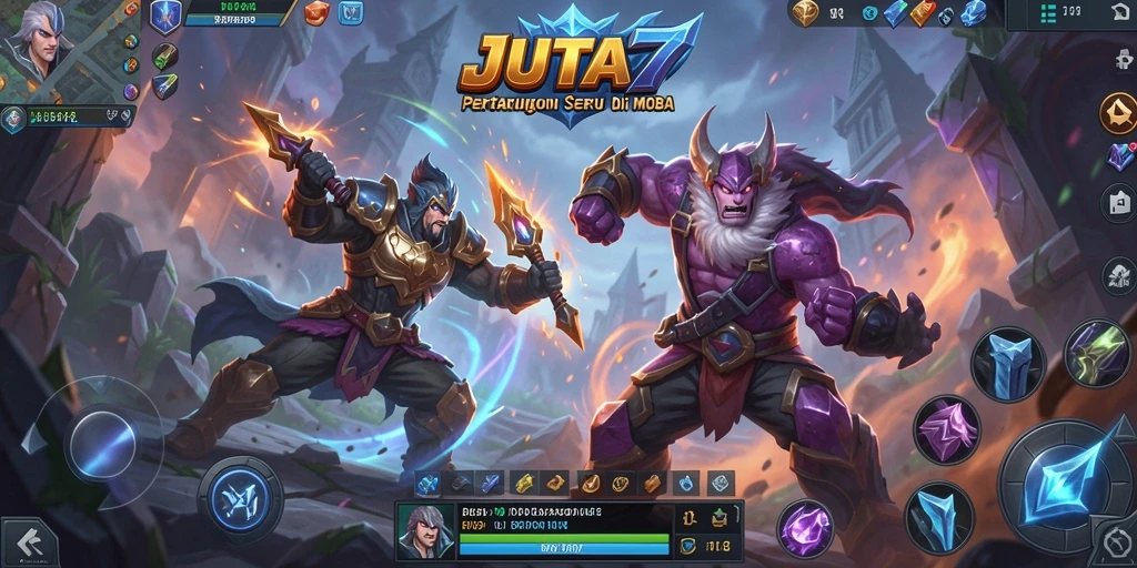 Screenshot gameplay JUTA7 menampilkan pertarungan epik di arena MOBA.