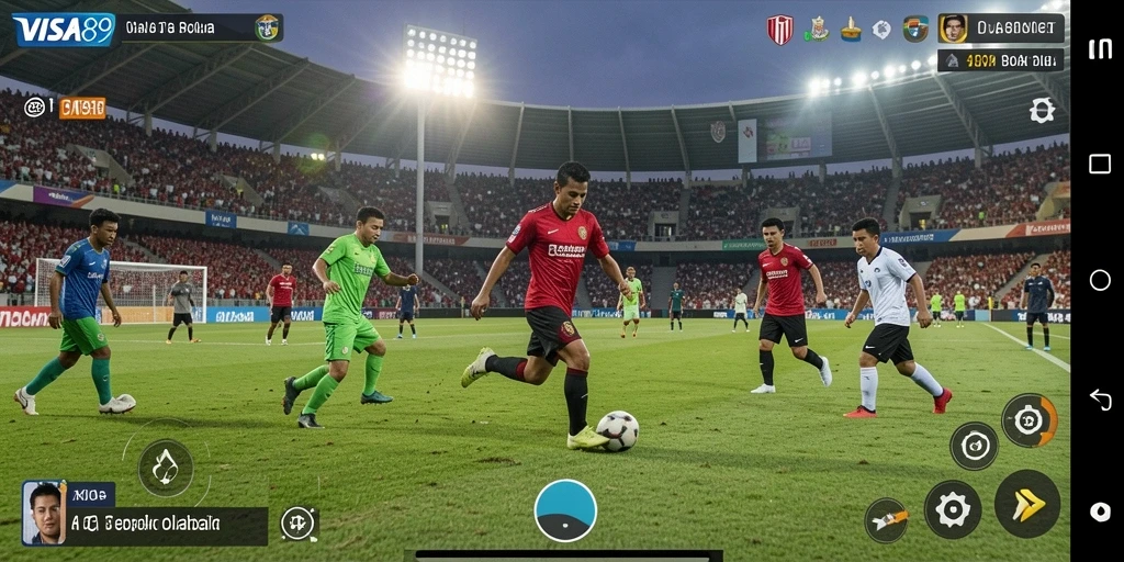 Screenshot game VISA89 yang menunjukkan aksi sepak bola yang seru.