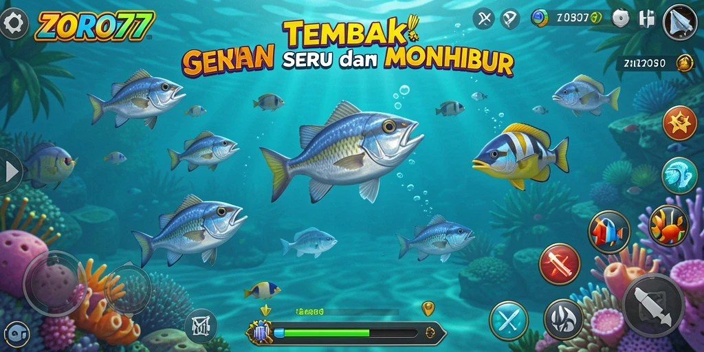 Menampilkan aksi seru dalam gameplay Tembak Ikan ZORO77.